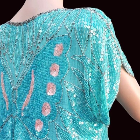 Butterfly Sequin Top Beaded 70s Disco Glam Blue Turquoise Green - Picture 10 of 10